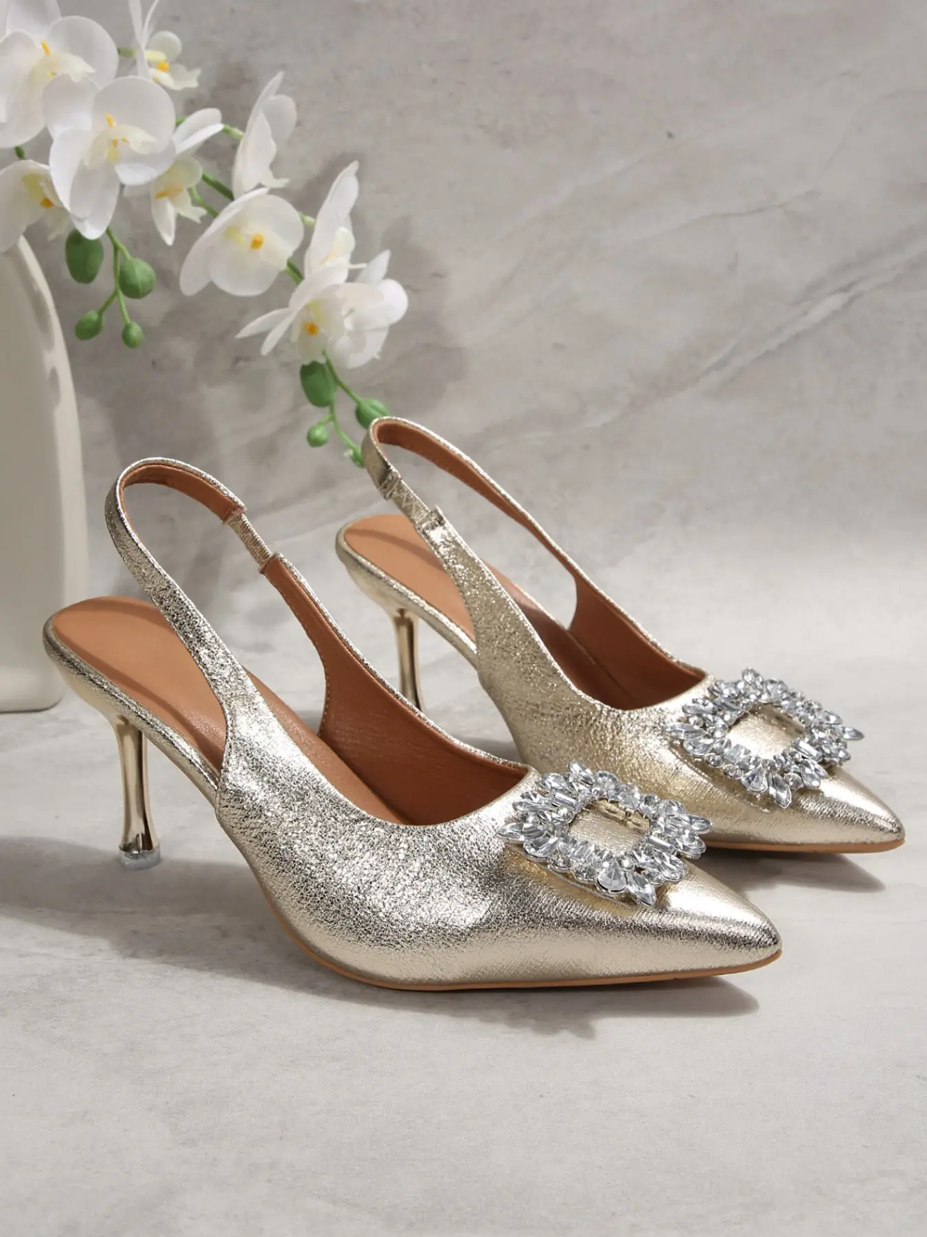 Women's Cracked Metallic Faux Leather Pointed Toe Square Rhinestone Buckle Elastic Slingback Thin Stiletto Heel Pumps Backless Slip On Non Slip Cloud Cushioned Arch Support All Night Walking Glam Comfort Wedding Bridal Date Night Club Formal Footwear Blac