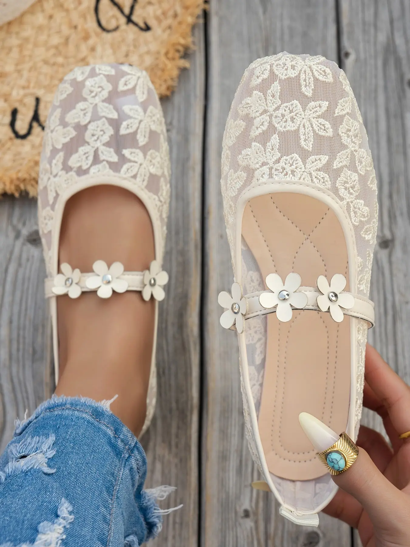 New Flat Bottom Single Women's Shoe, 3D Flower Strap Design, Breathable Textile Upper, Soft Rubber Sole, Square Toe, Casual Footwear, Flats Shoes