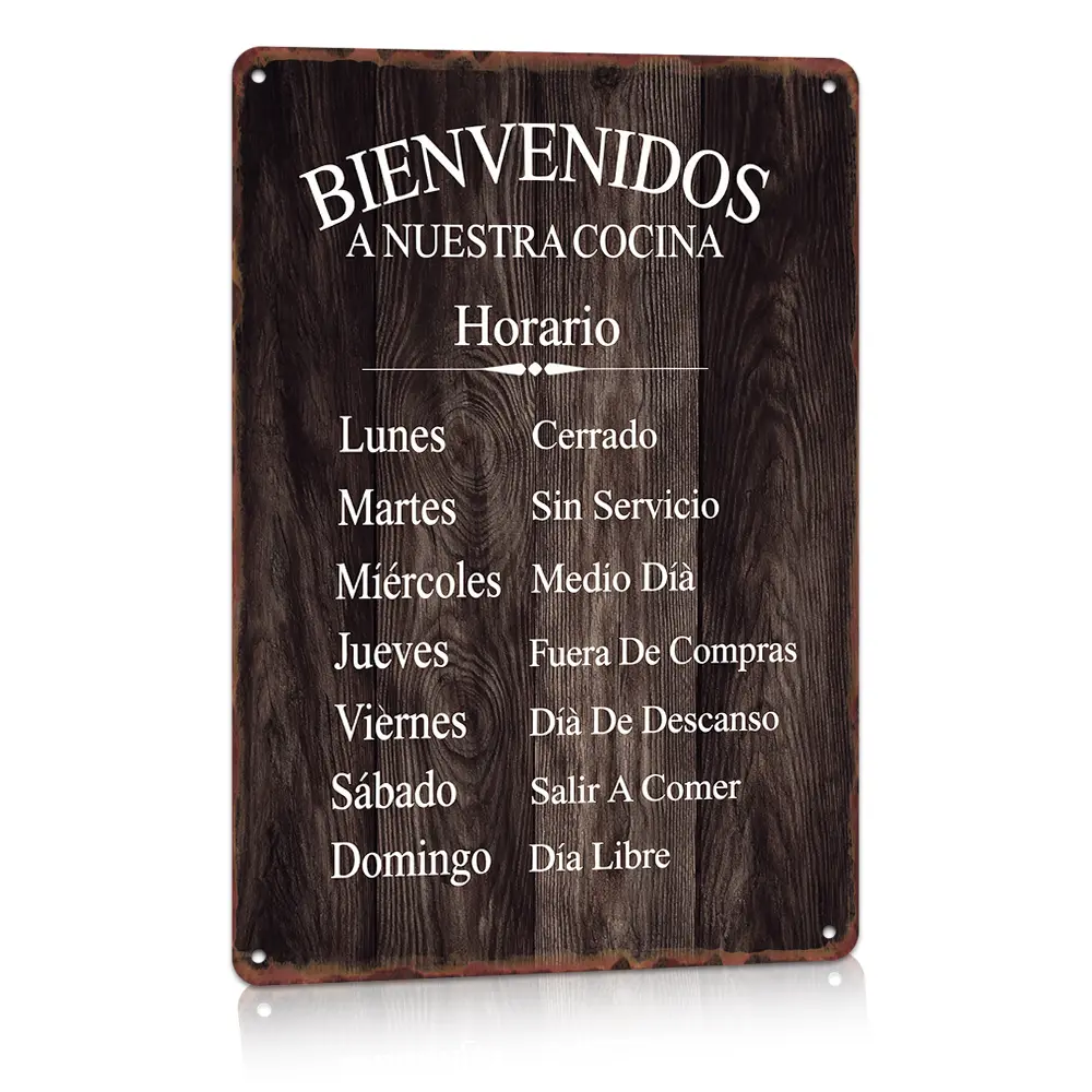 Bienvenidos Spanish Hours Metal Sign Decor, Cafe Wall, Restaurant Layout, Wood Vintage,12x8",Rust-Proof Aluminum Sign,Diner Wall Sign,Latin Shop Owners,Viral Spanish Decor,Cafe Owner Gift (indoor/outdoor use)
