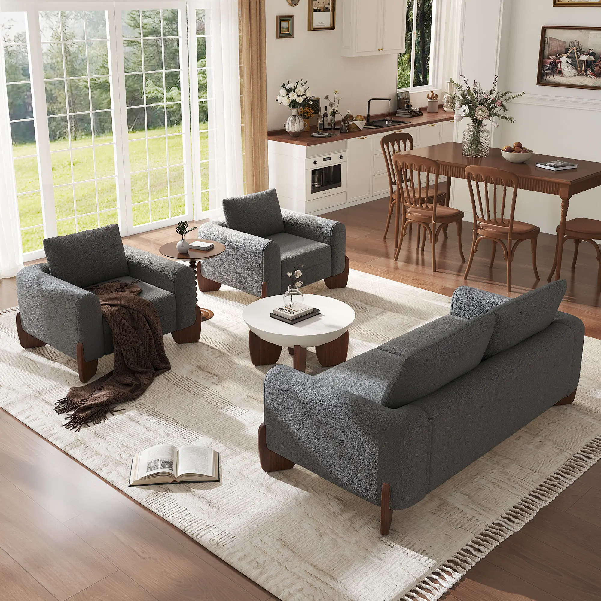 Nokaa Modern 3-Piece Living Room Sofa Set – 1 Loveseat & 2 Armchairs, Soft Bouclé Fabric, Pinewood Frame & Rubberwood Legs, Modular Seating for Family Room or Lounge