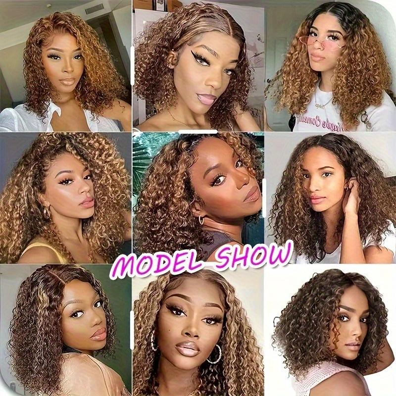 Fashion New Human Hair Bundles Highlight Honey Blonde Curly Bob Wig Human Hair 4/ 27 Ombre Highlight Lace Front Wigs Human Hair 13x4 Lace Short Curly Bob Wig Pre Plucked With Baby Hair 180% Density Wigs For Women