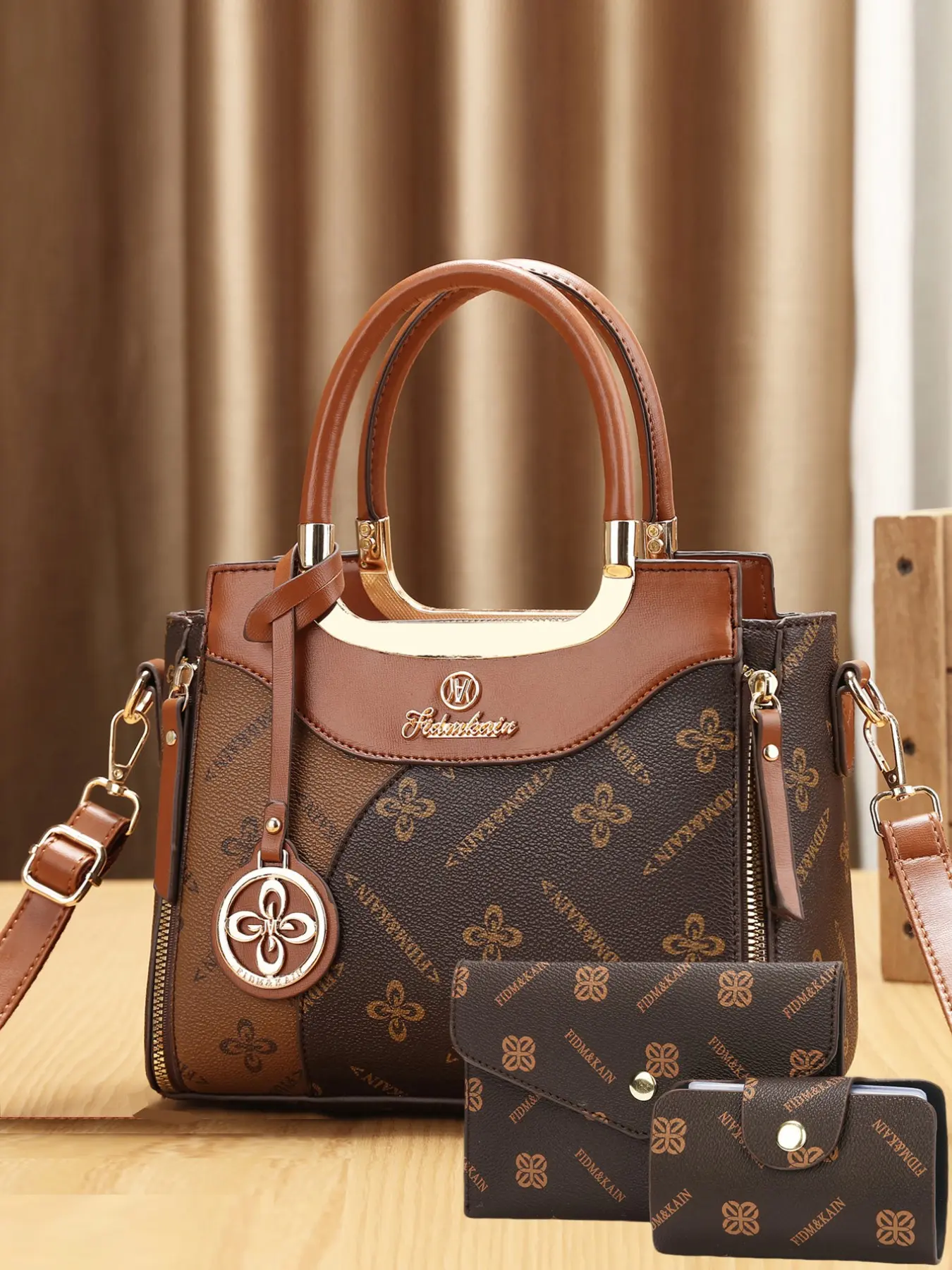 Elegant Women's Handbag Set, Classic Floral Print, Fashion Patterned Bag, Clover Hardware Charm, Detachable Strap, Matching Wallet, Street Style Daily Wear, Daily Use Handbag, All Seasons Handbag