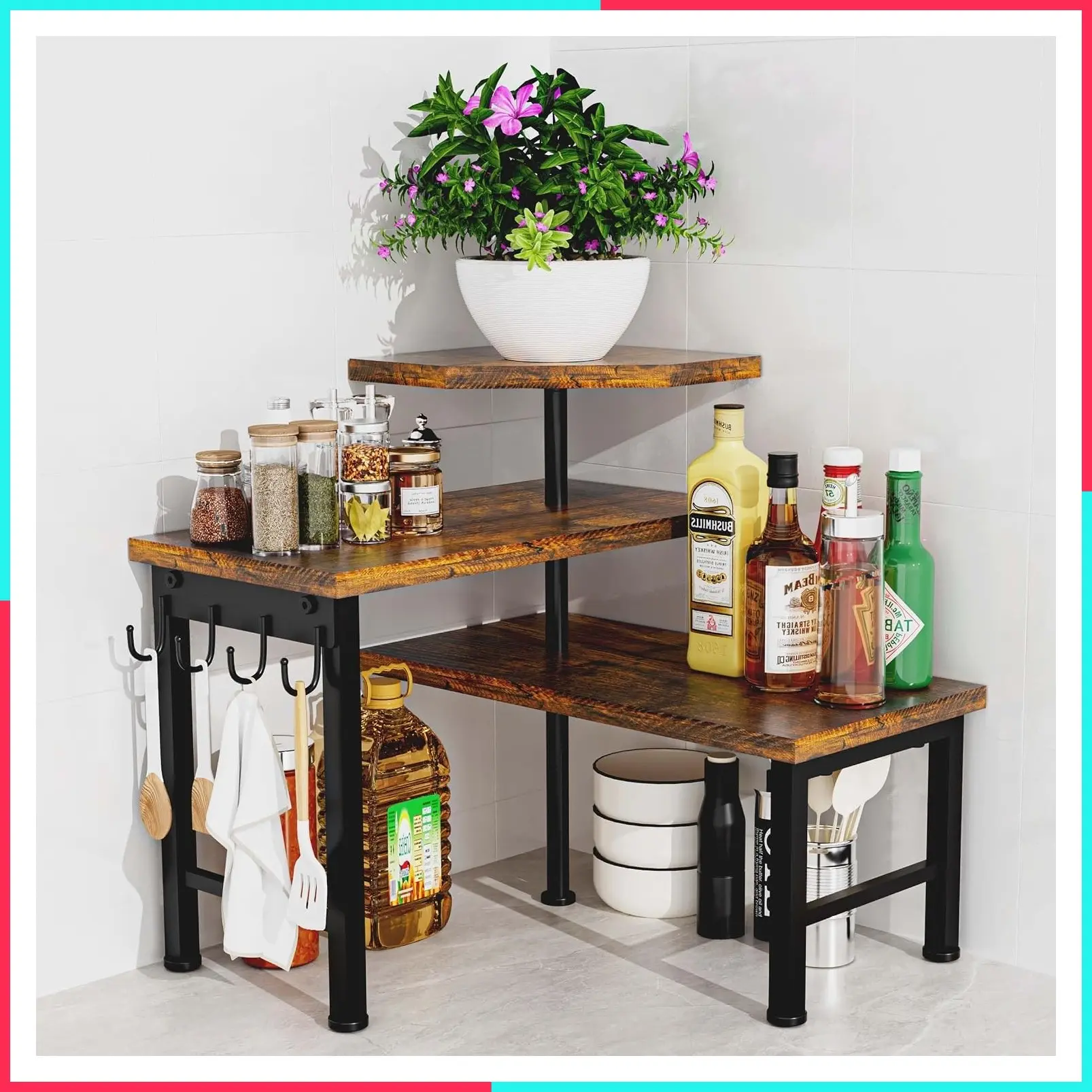 Kitchen Countertop Organizer, 3-Tier Movable Corner Shelf with Hook, Countertop Organizer for Bathroom, Spice Rack, Bookshelf, Coffee Area, Dresser Table (Brown)