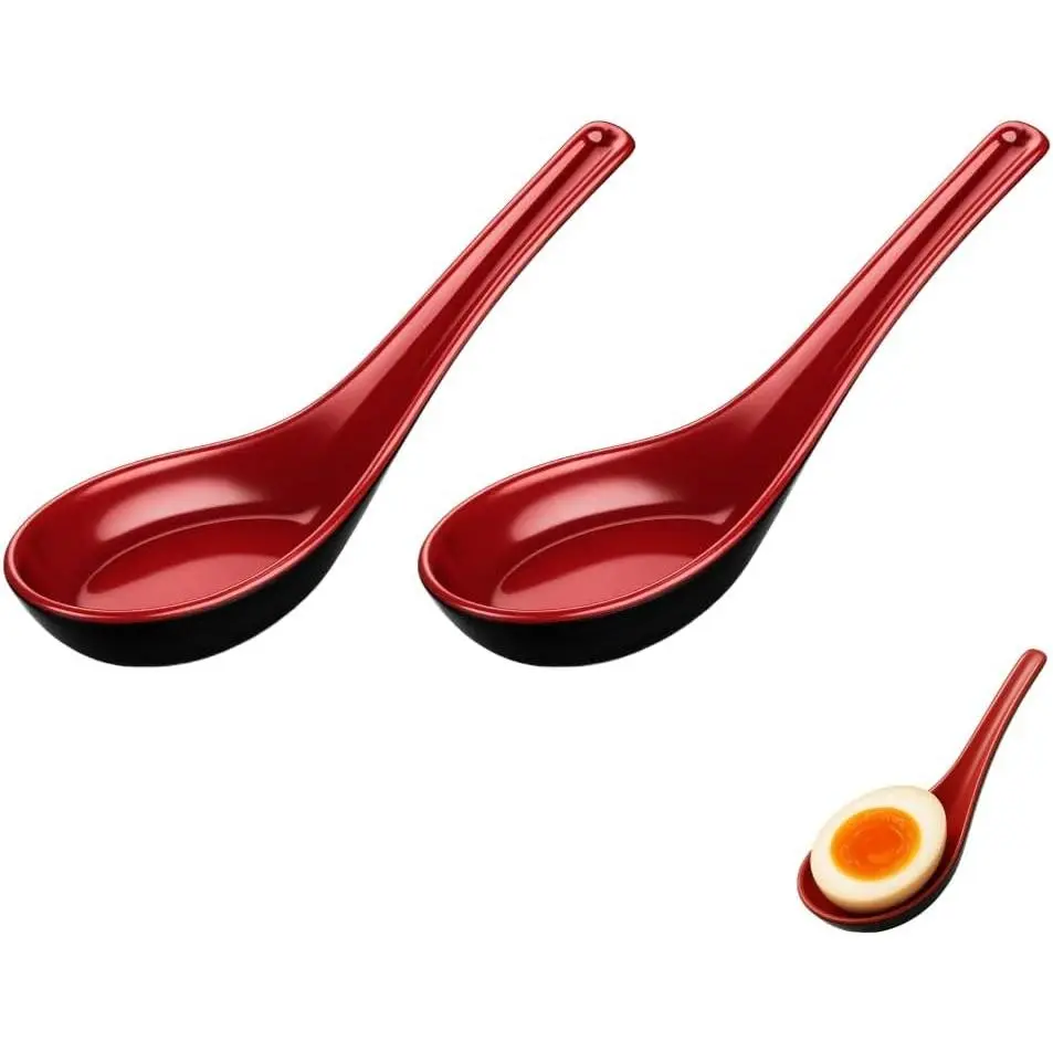 JapanBargain 2384 Melamine Soup Spoons, Set of 2, Red/Black Japanese Ramen Pho Wonton Style Utensils