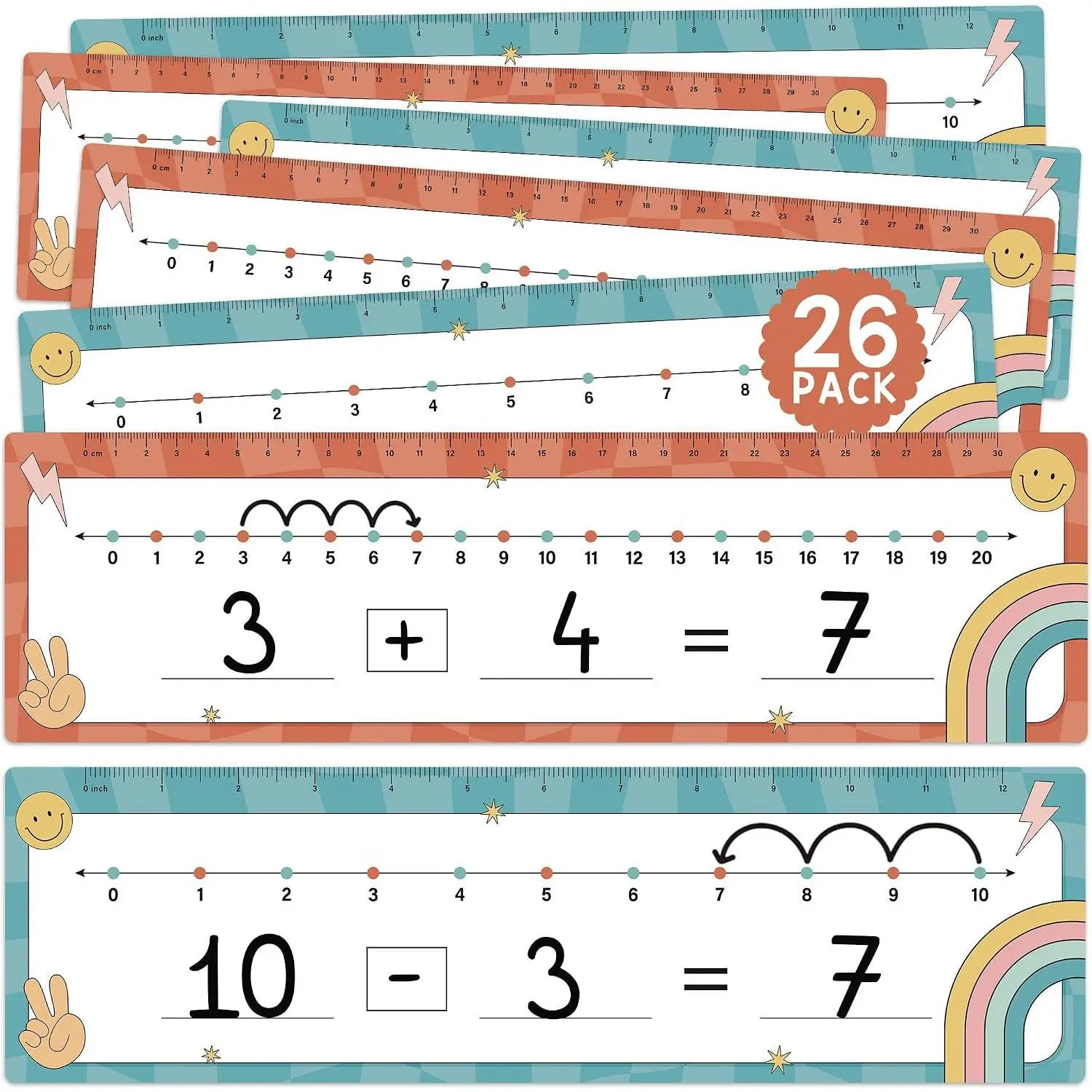 Number Line Dry Erase Boards Cards, 26 Pack 4x14 Boho Groovy | Double Sided Writable and Erasable Board 0-10   Side & 0-20  Other Side Math White Board for , Students