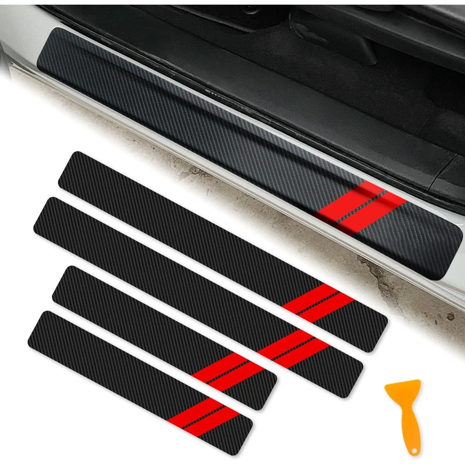 Scratch-Proof Carbon Fiber Leather Sticker Set - Dodge Charger/Challenger/Durango Car Threshold Entry Guard, 2 Front Doors & 2 Rear Doors, Prevents Damage, Easy to Install, W/ Plastic Scraper (Red, 4PCS), Car Door Entry Guard, No Gum Left