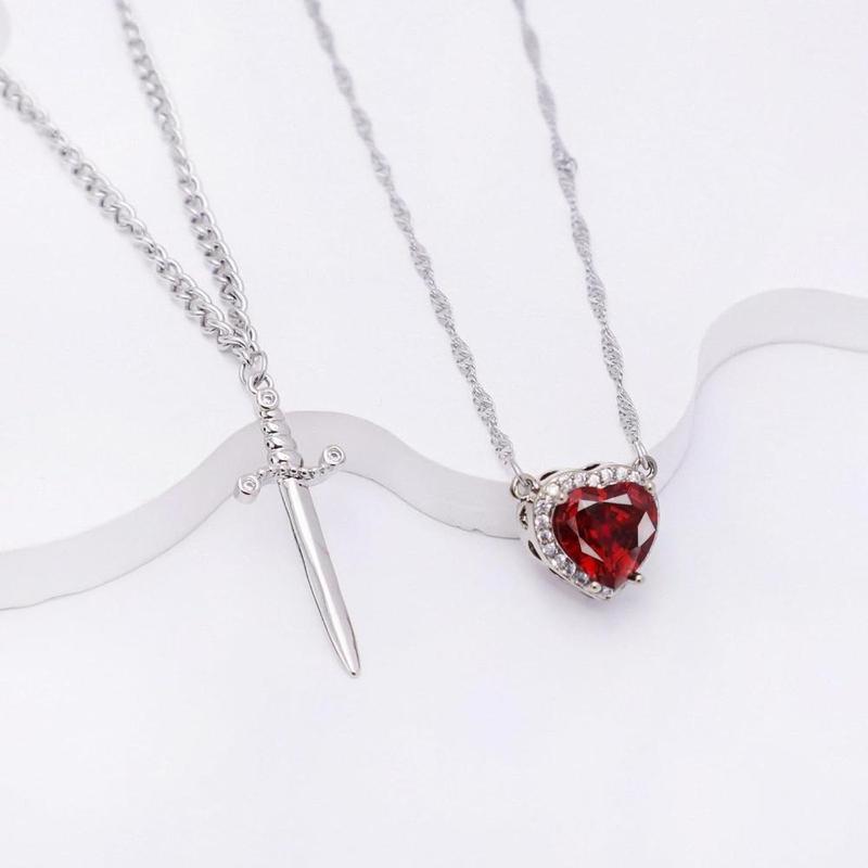 Romantic Sword Pierced Heart Necklace - Gold Chain Trendy Jewelry with Red Crystal Pendant, Perfect Valentine's Day Gift for Best Friend or Lover