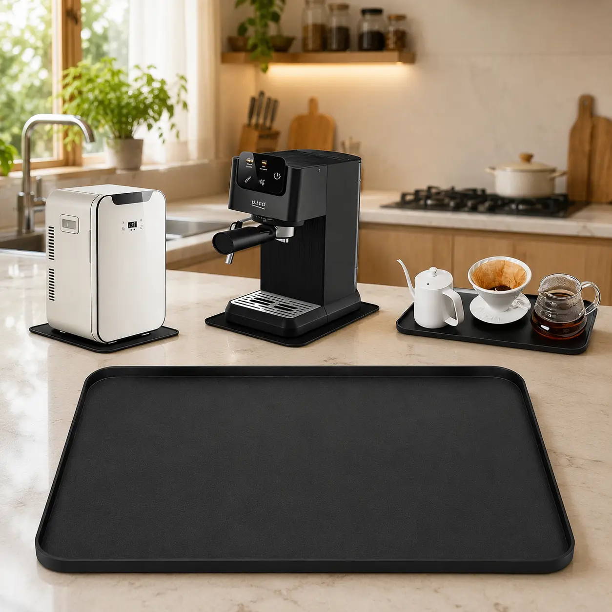 Mini Fridge Silicone Mat 13x9 Inch Leak Resistant Drip Tray Mat with Convex Edge Floor Protector Under Refrigerator Washer Machine Portable Anti Spill Water Catch Tray Black Home Appliance Pad