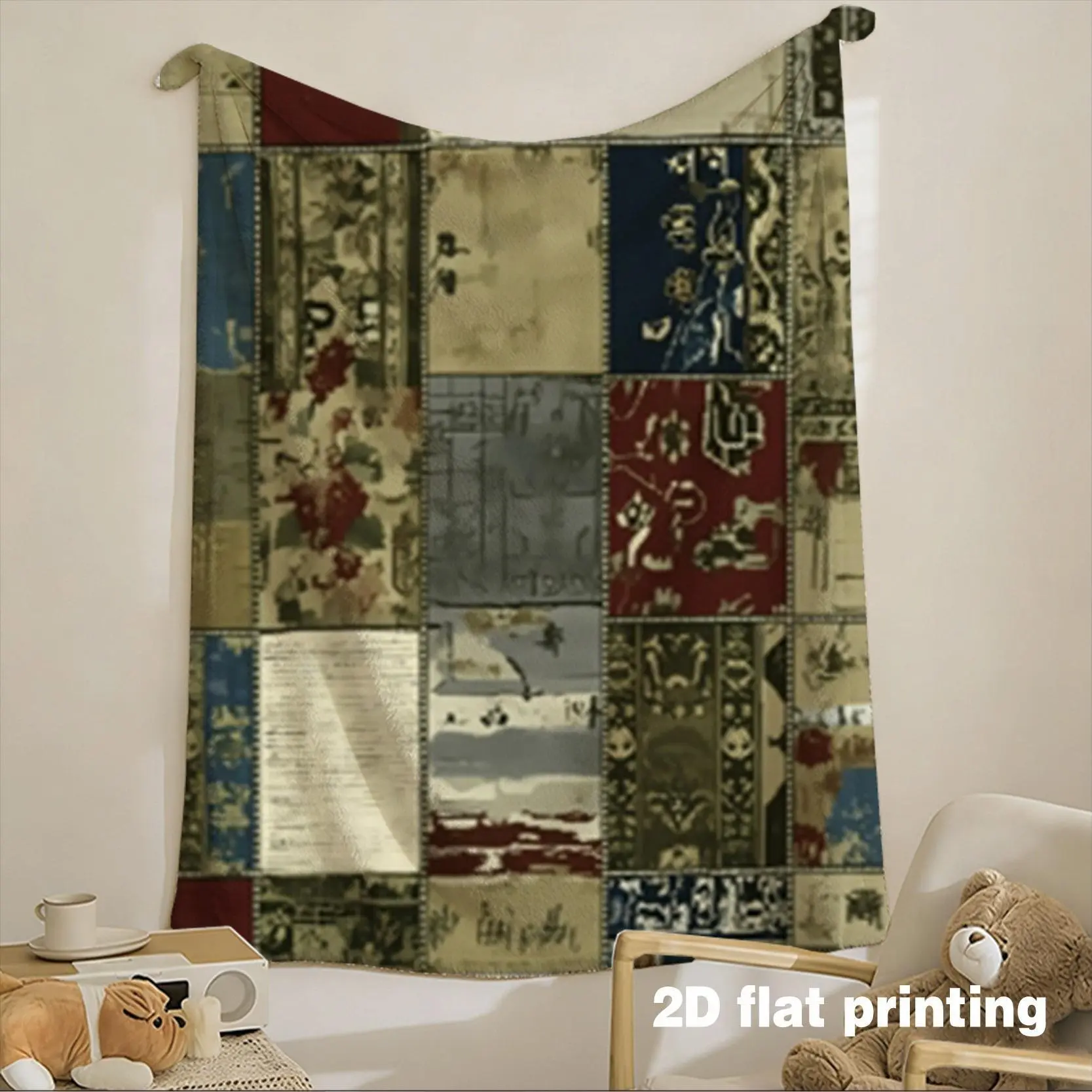 Vintage Eclectic Patchwork 2D Digital Printed Throw Blanket, Multiple Specifications Available, Artistic Mixed Pattern Cozy Nap Blanket, Rich Layered Nostalgic Aesthetic Throw, Perfect for Office Nap & Home Sofa Couch Decor
