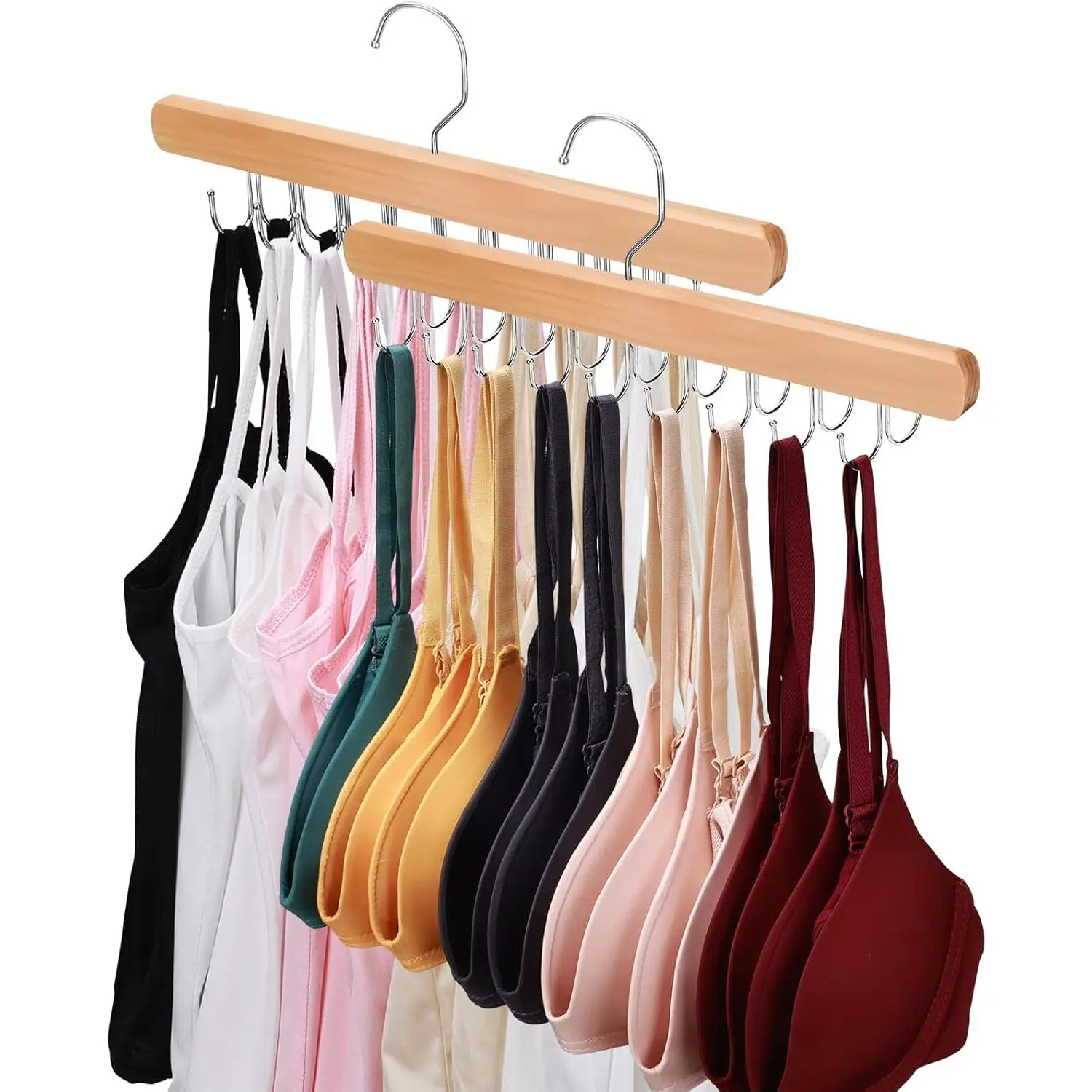 2 Pack Bra Hanger for Closet Organizer, Premium Wooden Tank Top Hangers with 36 Foldable Hooks, 360° Rotating Design, Space Saving Storage for Tank Tops, Bras, Scarves and More