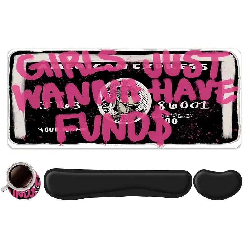 Graffiti Girls Just Wanna Have Funds Mouse Pad + Keyboard Wrist Rest + Ergonomic Mouse Pad + Coaster Set, Office Accessories Set, Computer Mat for Desktop Decoration, Suitable for Home Office Gaming, Non Slip Mousepad, Gaming Accessory, Gaming Items