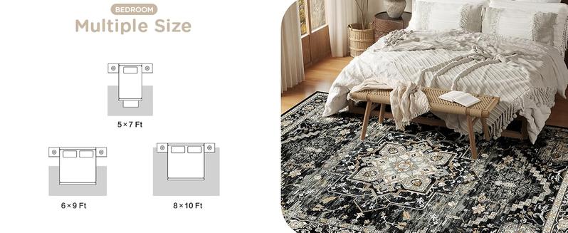 8x10 Washable Area Faux Cashmere Rug for Living Room, Non-Slip Soft Boho Vintage Medallion Carpet, Low Pile Distressed Rugs for Bedroom, Dining Room, Home Offi