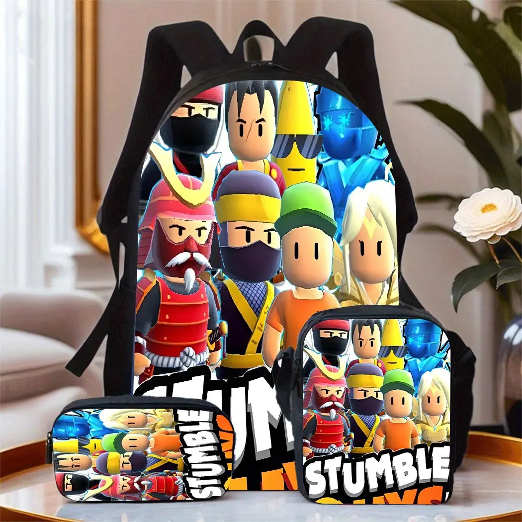 Durable Water Resistant 3-Piece Backpack Set for Kids, Lightweight White Background Multi Cartoon Character Stumble Guys Game Collage Bold Block Letter Print School Bag with Lunch Box