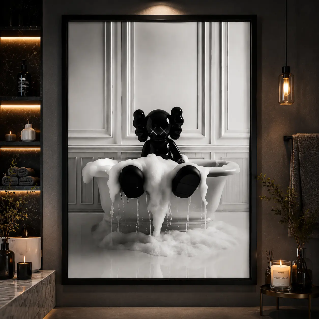 Black Kaws Figure In Tub Canvas Wall Art - Artistic Hypebeast Street Decor, Bathroom/Room Decoration Poster Print, Modern Aesthetic Home Decor Gift