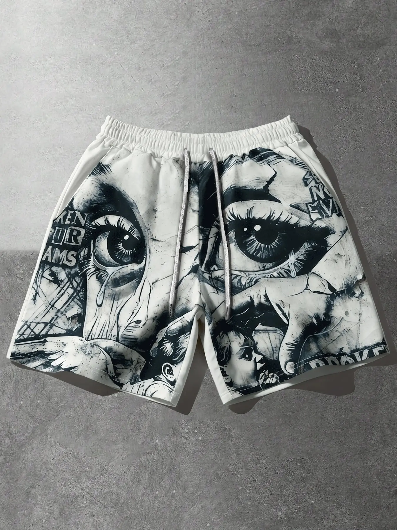 Black White Graffiti Big Eyes Angel All Over Print Drawstring Breathable Loose Shorts Men, Retro Chicano Streetwear Summer Casual Shorts