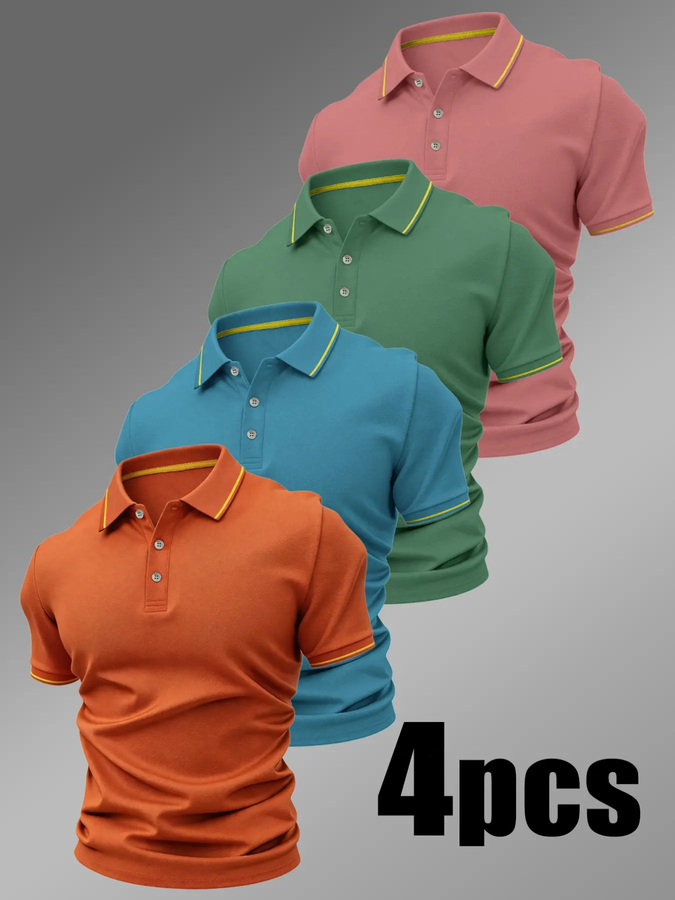 Men's Casual Fitted Polo Shirts, Breathable Stretch Fabric, Geometric Pattern, Comfortable All-Year Round Wear, High-Quality 4-Pack Set