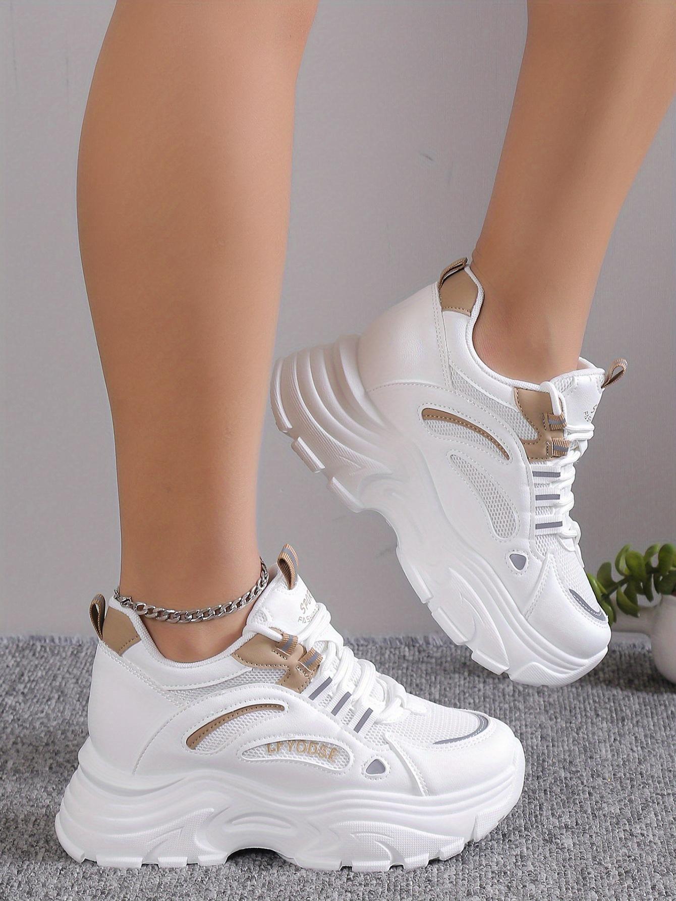 Versatile Comfy Mid-Top Solid Color Mesh Sneakers - Lace Up, Round Toe, Heightening Thick Rubber Sole, Breathable Fabric Upper, All-Season Casual Shoes for Women