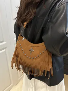 Vintage Suede Fringe Crossbody Bag for Women, Western Boho Hobo Shoulder Purse with Cross Studded Details, Adjustable Strap Casual Sling Bag for Daily Travel & Festivals