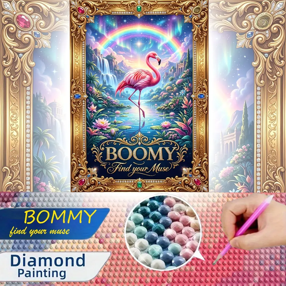 A large-size 2D flat unframed royal hollow relief style flamingo rainbow dreamy natural landscape hand-made DIY diamond painting kit, essential for home decoration enthusiasts and craft lovers to decorate living rooms and bedrooms.