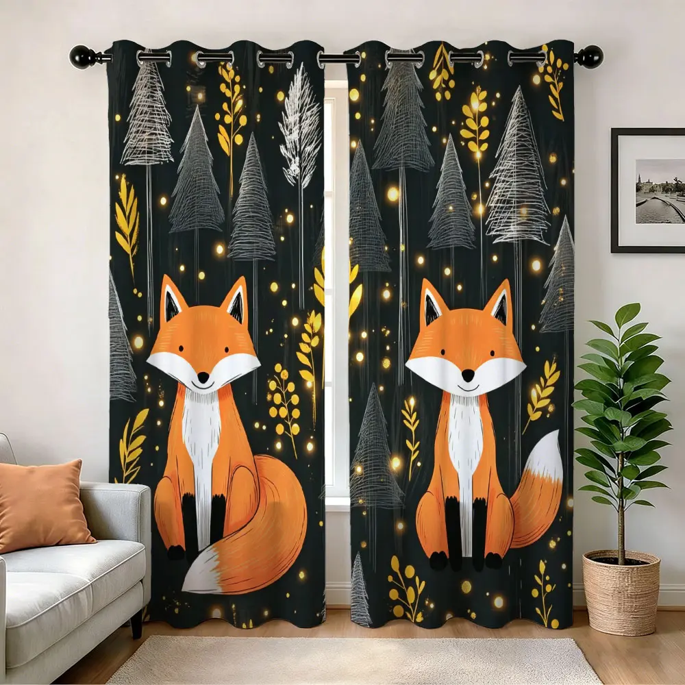 1 Pair Digital Print Semi-Blackout Pair Curtain,Cartoon Forest Fox,250gsm Heavy Punch Hole Curtain, Machine Washable Privacy Shade, Home Hotel Holiday Decor