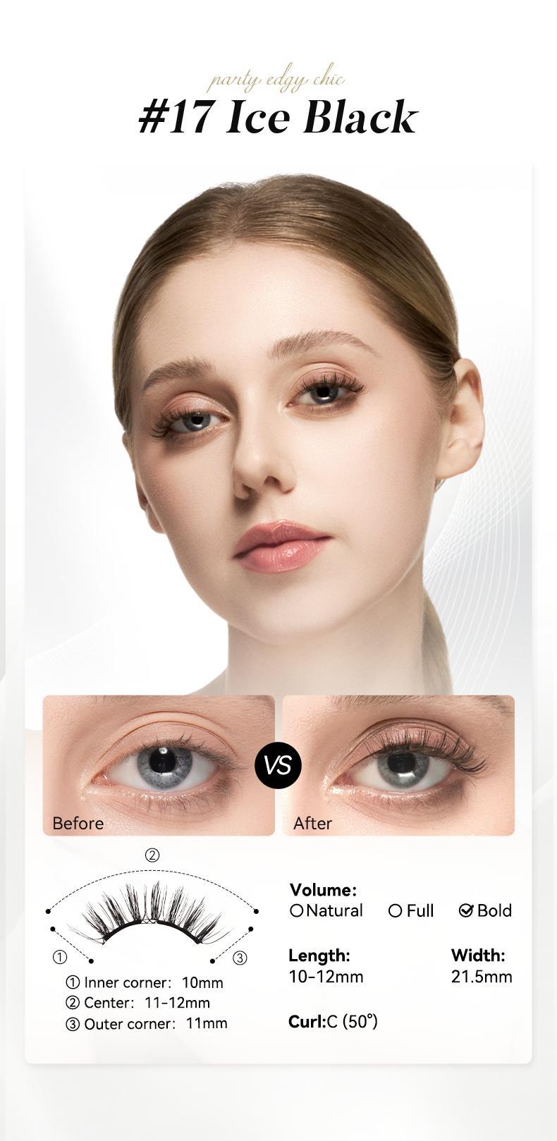 Wosado Soft Magnetic Eyelashes #17 Ice Black All-in-One Box, Reusable, Glue-Free, Waterproof, Lightweight, Natural Style Makeup Cosmetic