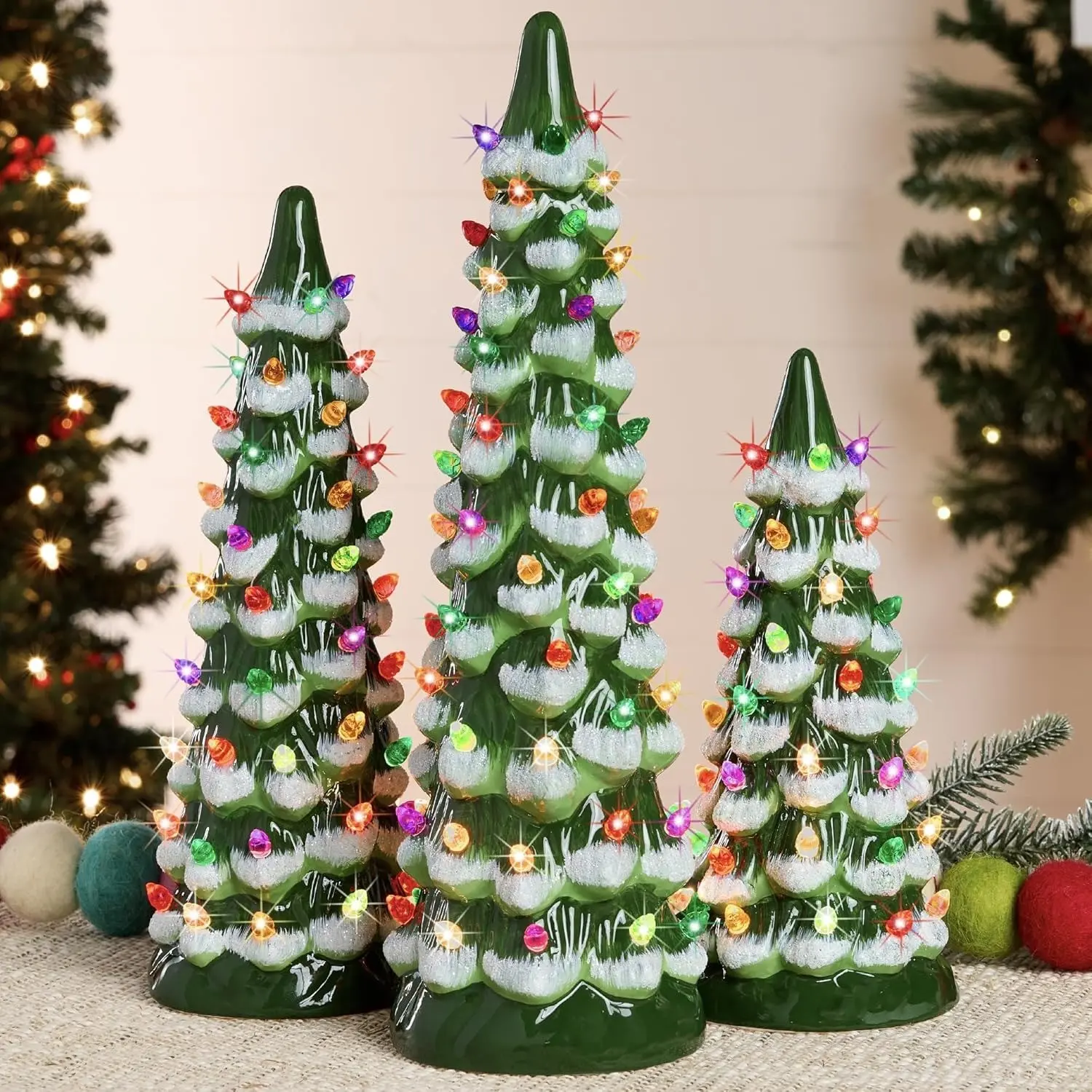 Ceramic Christmas Trees That Light Up, 12/10/6 in Vintage Christmas Decorations Trees, Hand Painted Tabletop Christmas Tree with Colorful LED Lights & Timer for Home Festive Ornament