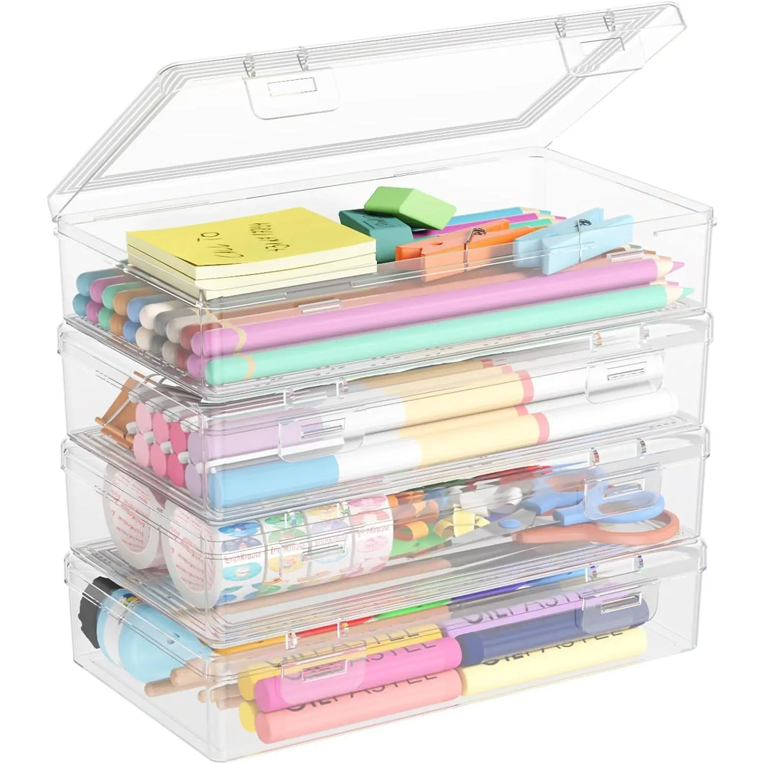 Plastic Pencil Box with Snap-tight Lid, Large Capacity Hard Pencil Case, Craft organizer for Art ,Office, 4 Pack