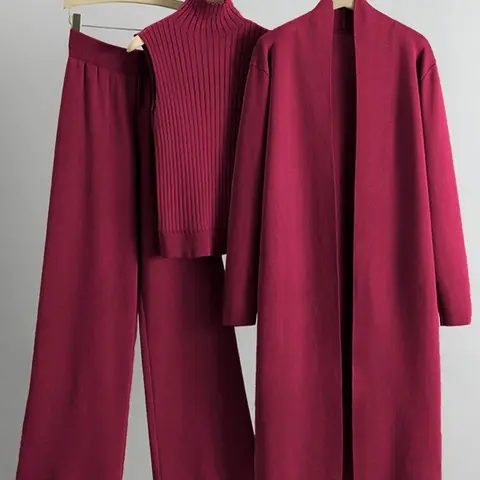 Women's Three-Piece Knit Set, Long Open Front Sweater, Sleeveless High Neck Pullover, Ribbed Vest, Wide Leg Pants