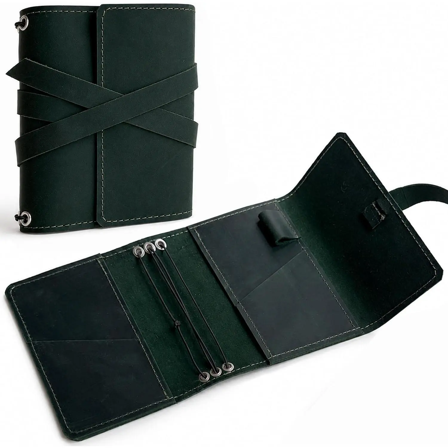 Leather Journal Cover – Refillable Pocket Size Notebook Cover (5.1" x 5.7") with 3 Elastic Bands,  Travel Diary Case with Pockets & Pen Holder Green (Inserts Not Included)