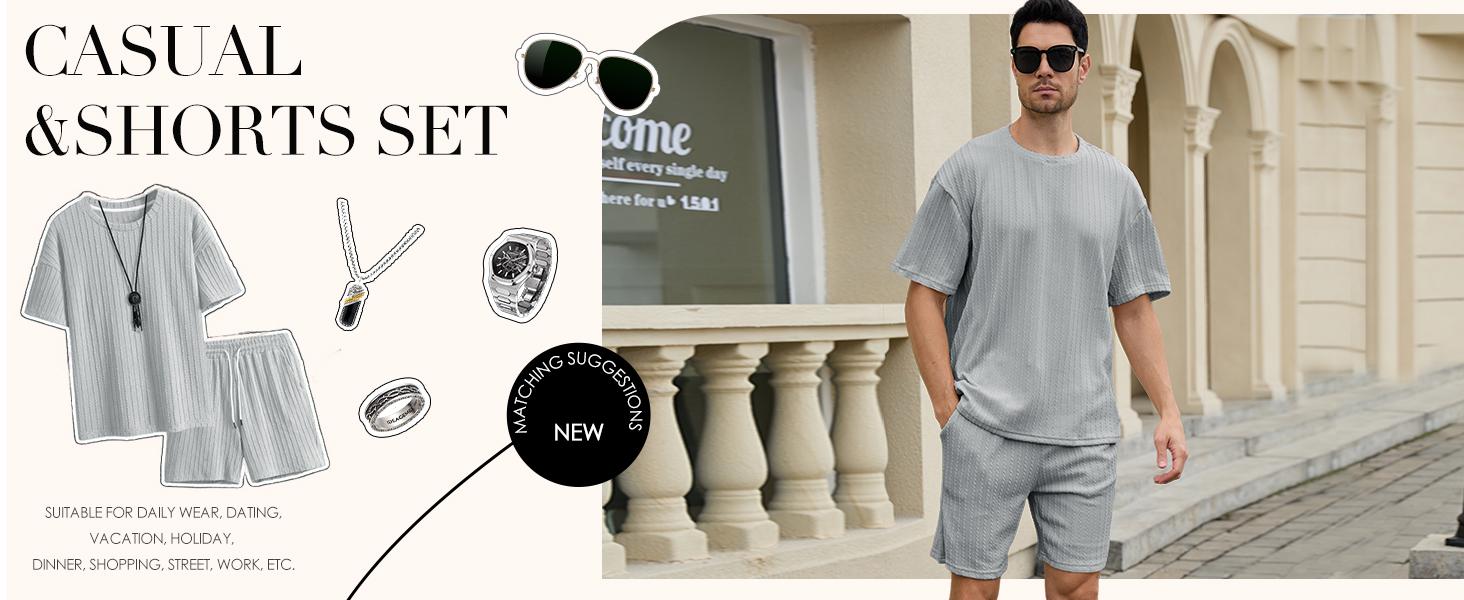 Gihuo Men's 2 Piece Outfits Textured Short Sleeve Shirts & Shorts Set Crewneck Black Elastic Waist Casual Summer Beachwear Comfortable Flexible Menswear Stretch Suits Sun Top Top