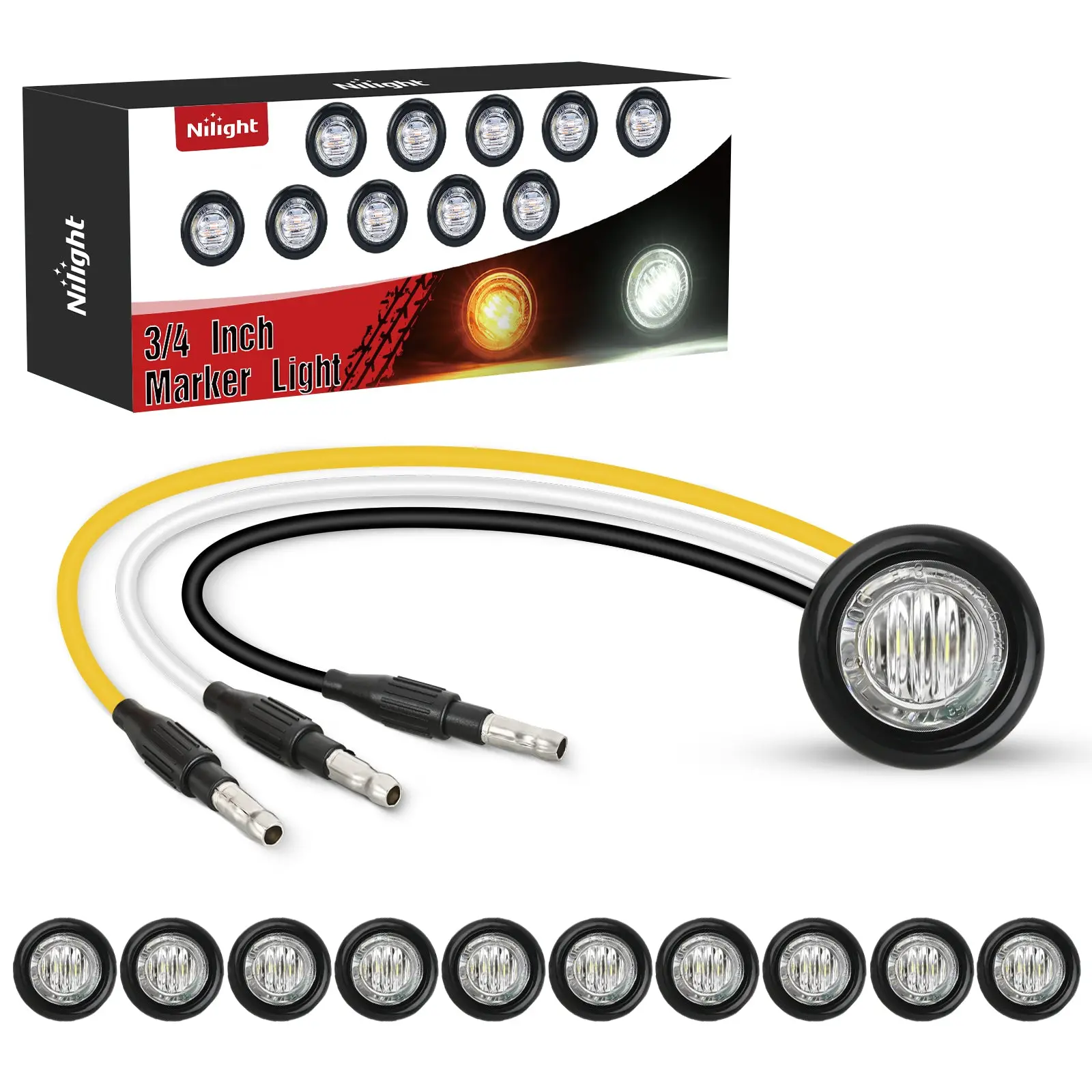Nilight 3/4Inch Dual Color Marker Light 10PCS Amber to White Turn Signal Auxiliary Side Marker Clearance Indicator Bullet Lights 3 Plug IP68 Waterproof for Trailer Truck Pickup Camper RV ATV UTV Van Bus