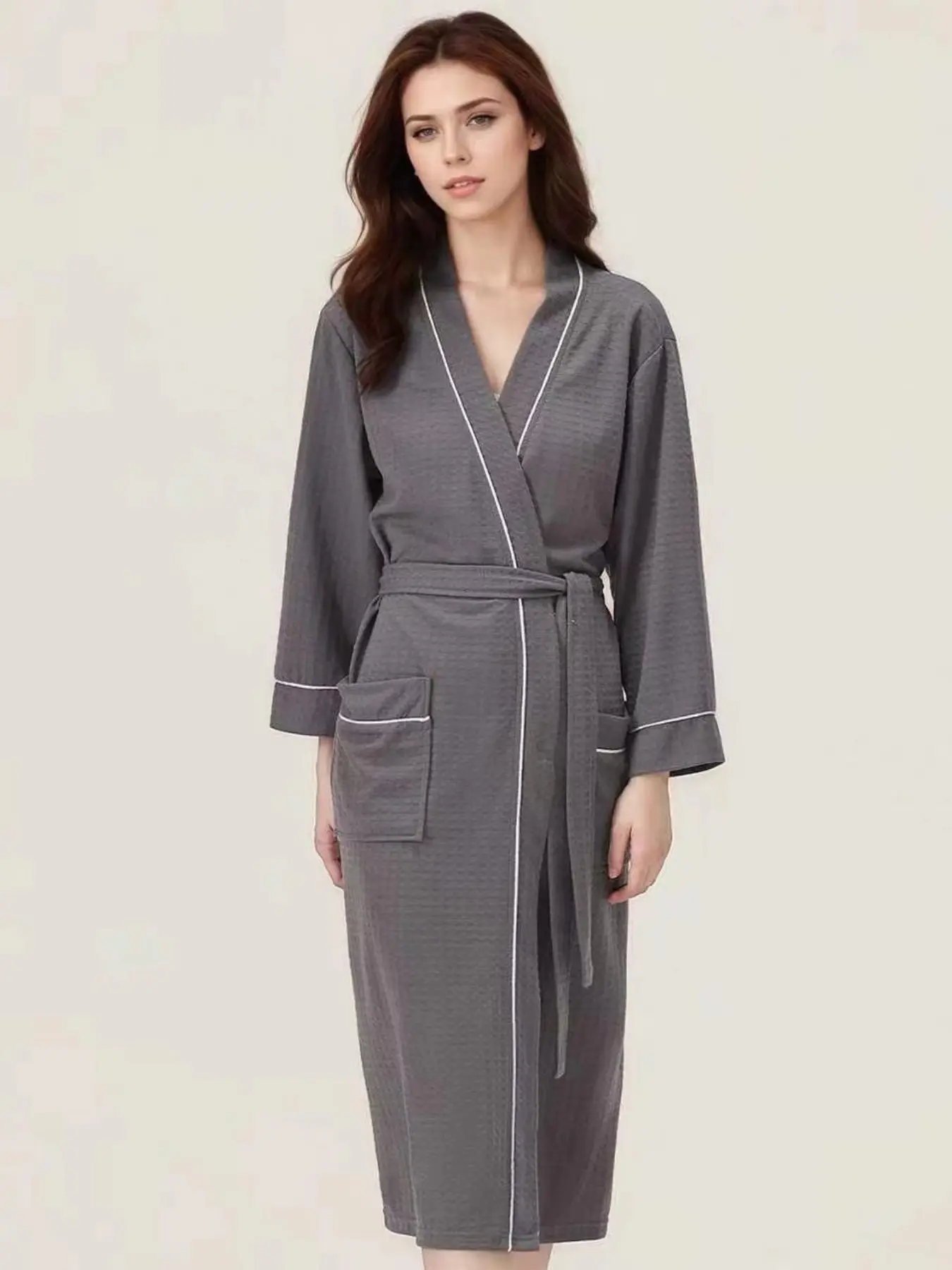Women's All-Season Waffle Bathrobe, Gowns, Large Size Long Sleeve Sleep Dress, Quick-Dry Absorbent, Trimmed Design, Comfortable Nightwear, Loungewear