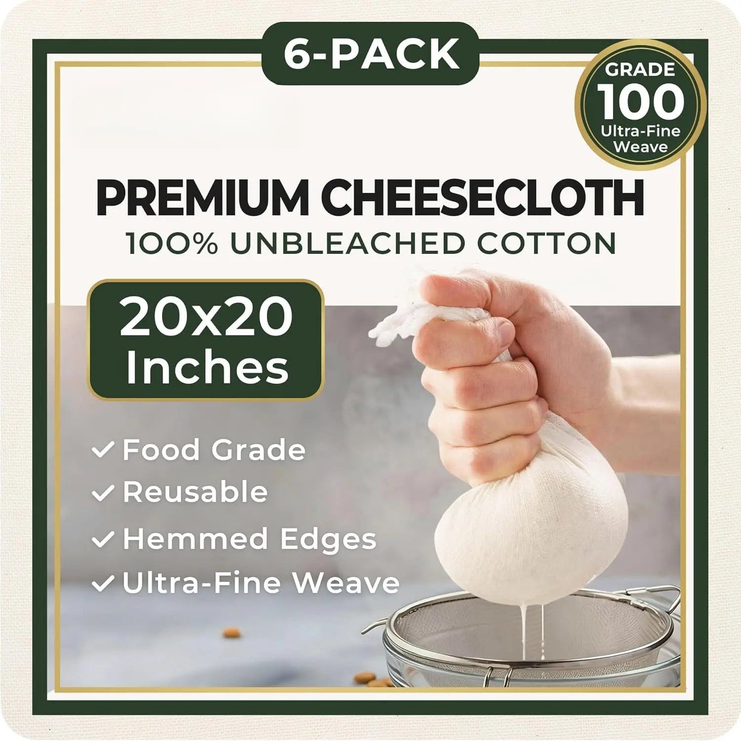 6 count Grade100 Cheese Cloths,20x20 Inch, Unbleached ,Pre-Cut  Muslin Cheese Cloth for Cooking and Straining, Hemmed Edges