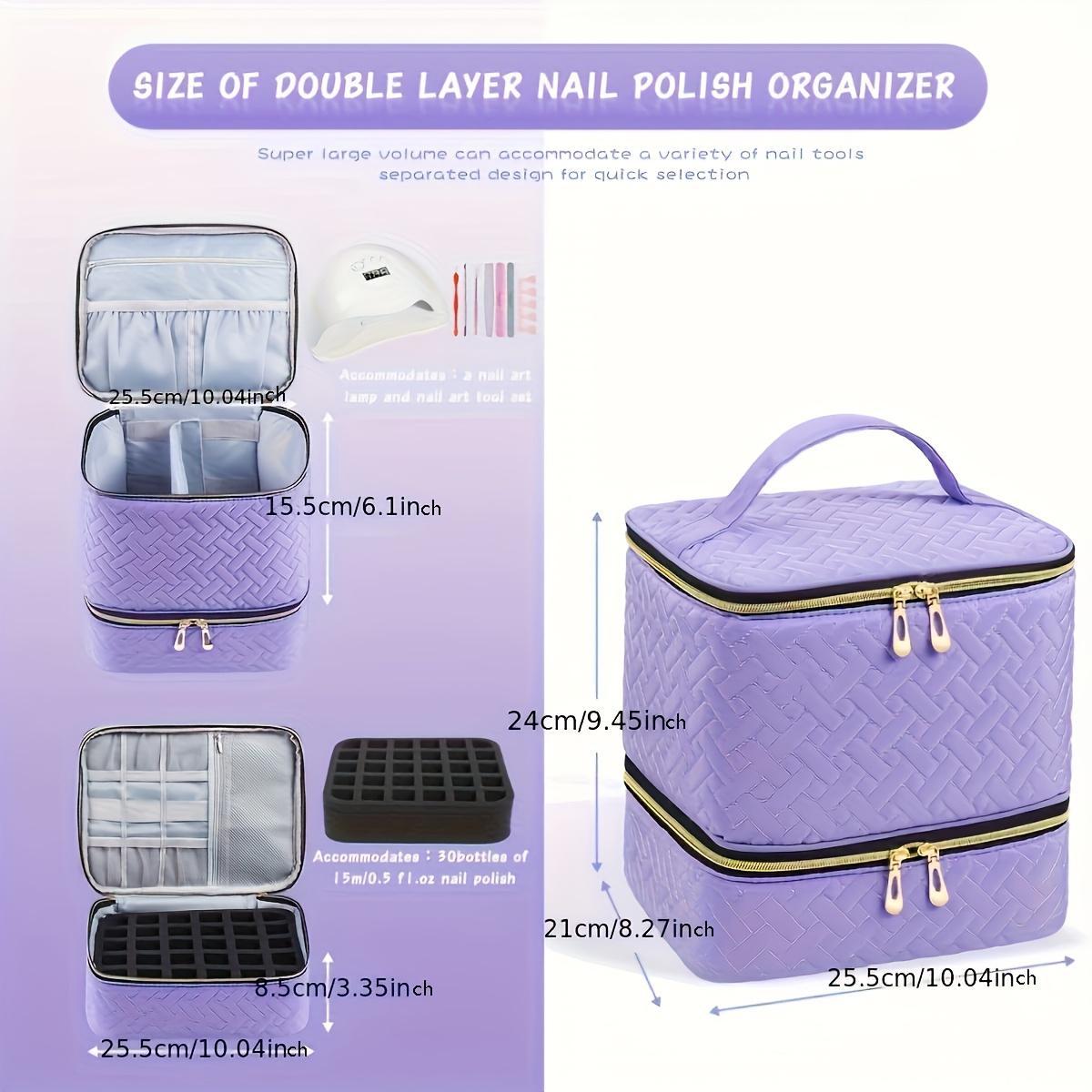 Double Layer Nail Polish Organizer Makeup Box, Portable Large Capacity Travel Case, Zipper, Durable and Lightweight