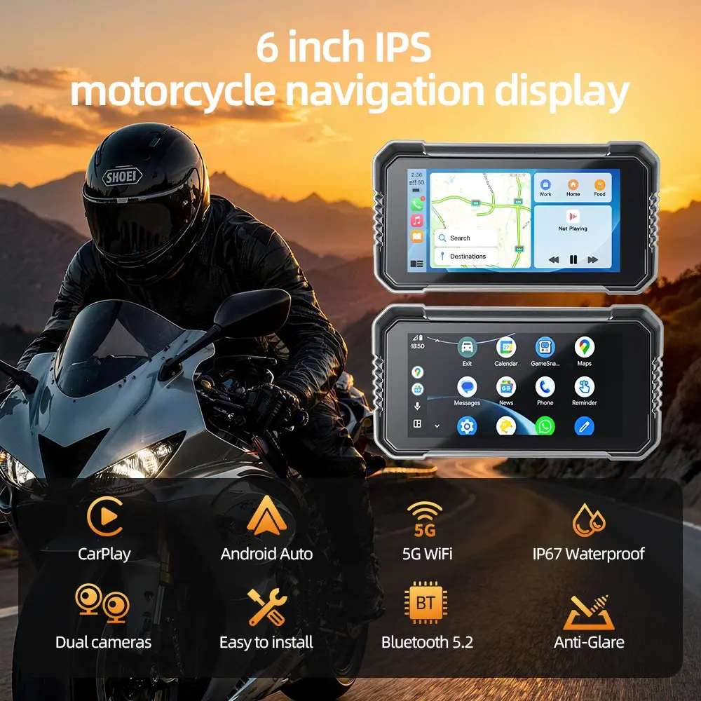6" IP67 Waterproof Motorcycle Touch Screen | Wireless CarPlay Android Auto, AirPlay MirrorLink Screen Cast | Dual 2K Front Rear Dash Cam GPS Navigation System with Optional TPMS Tire Pressure Detection