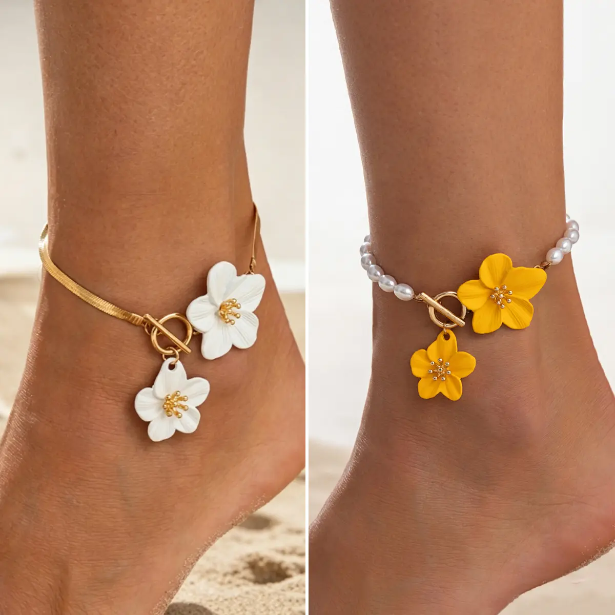 Main Character Energy Flower Charm Anklet Baddie Y2K Viral Faux Pearl Snake Chain Anklet Effortless Glamour Summer Beach Foot Jewelry for Women