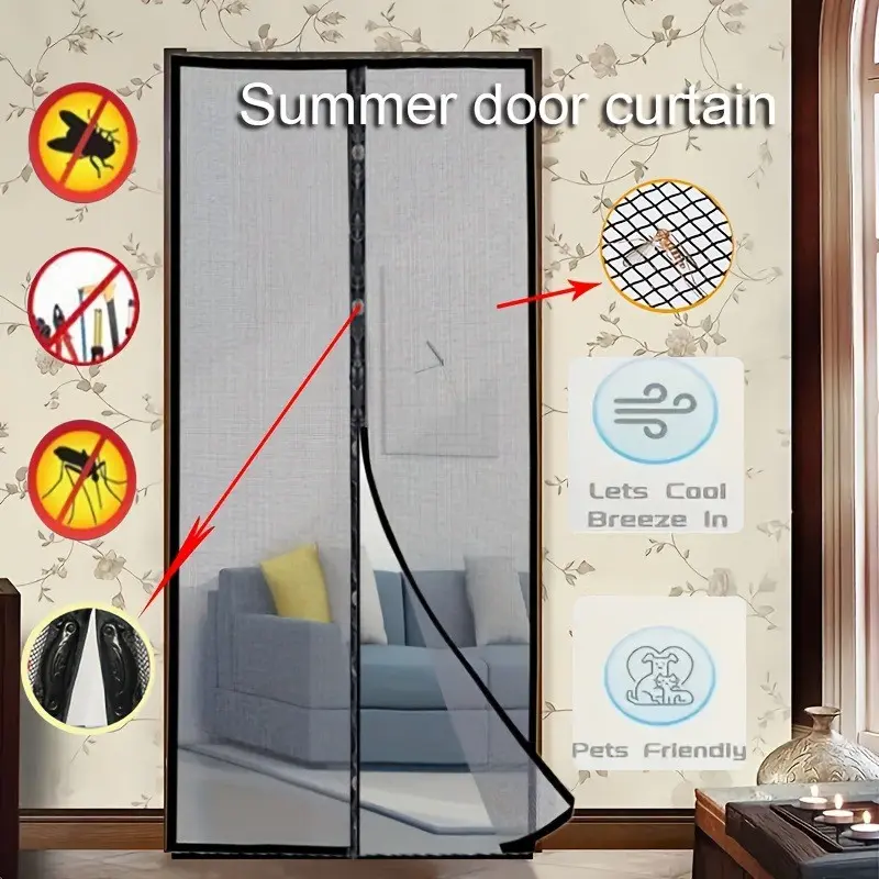 Magnetic Door Curtain with Storage Strip, Summer Mosquito-Proof Breathable Mesh Screen for Home Decoration, No Drill Installation