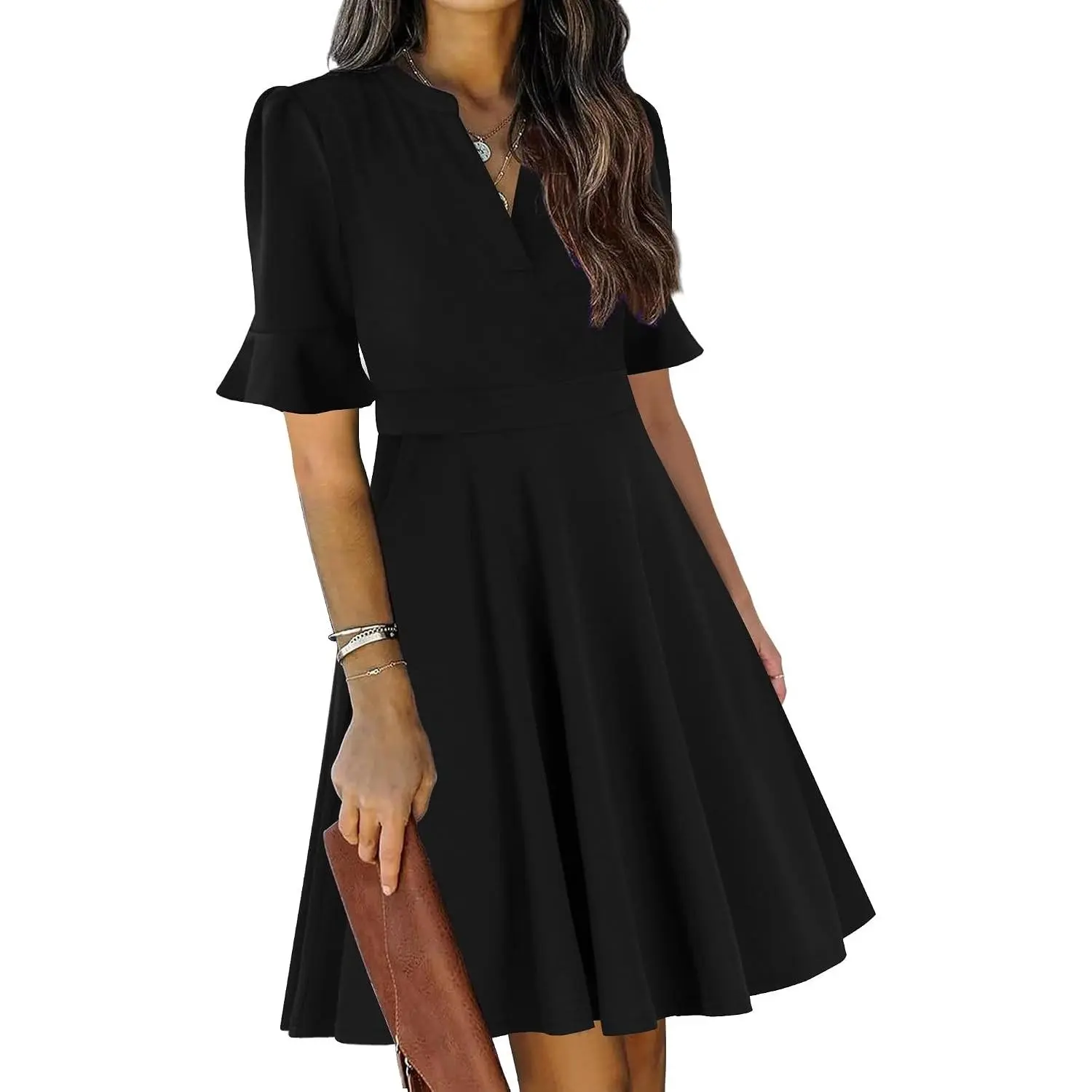 Women's Polyester Casual High-Waist Fit-and-Flare Dress - V-Neck, Ruffle Short Sleeves, Knee-Length, Pockets, Feminine Skirt, Church Wedding Guest Attire
