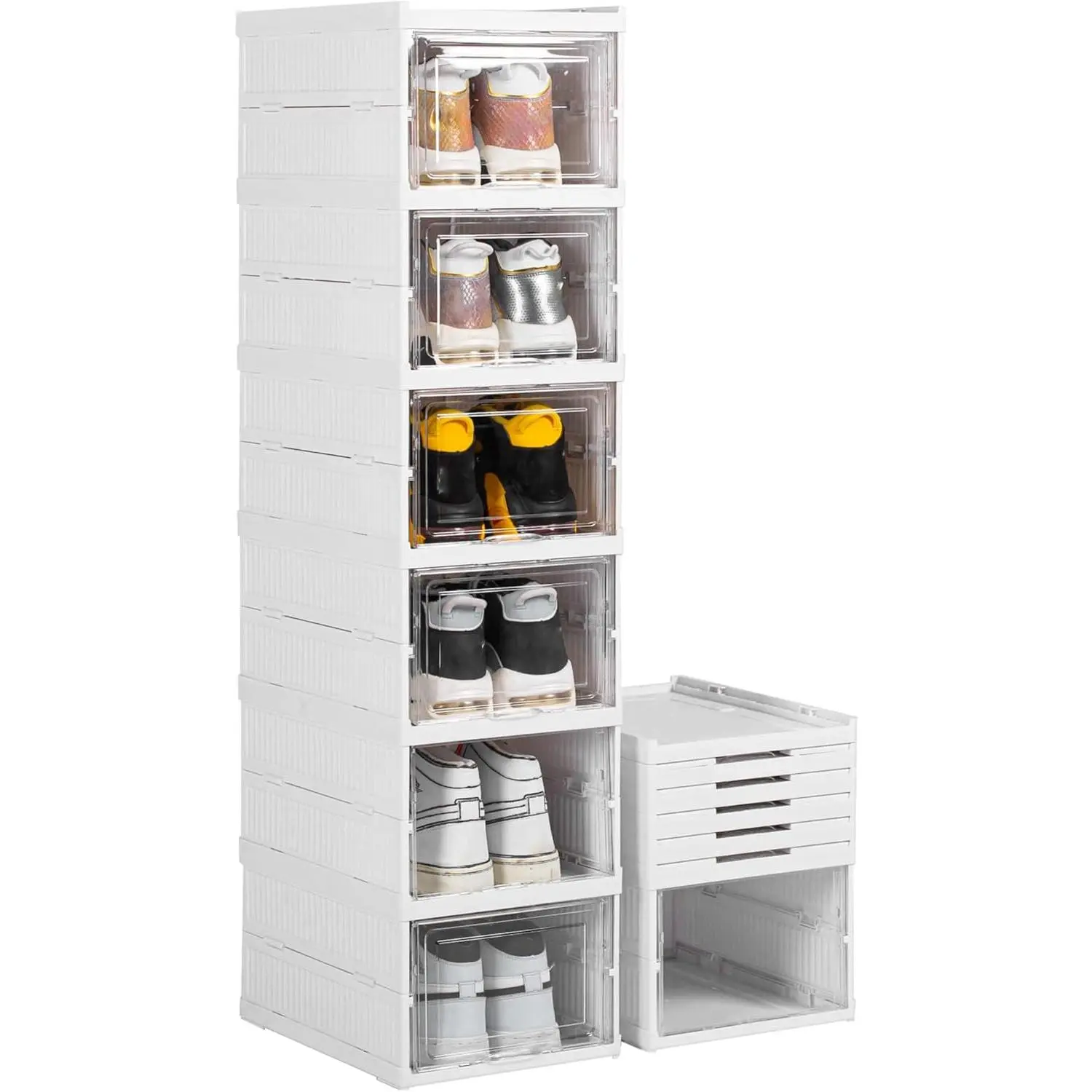 Shoe Box, No-Assembly 6 Foldable Shoe Organizer with Clear Door,-saving Shoe Rack,Sturdy Clear Stackable Sneaker Container