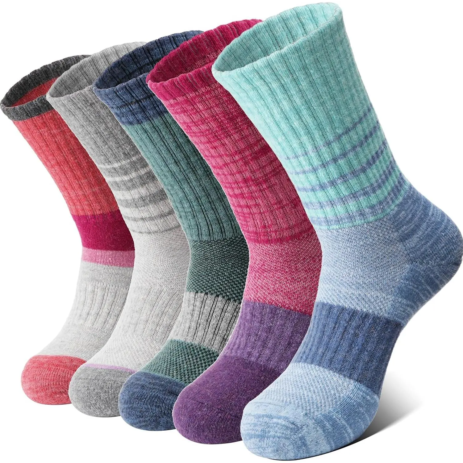 Merino Wool Hiking Running Socks for Women, Boot Work Crew Socks | Moisture Wicking, Compressive Arch Support, Reinforced Cushion, Secure Fit, Thermal Winter Warm, 5 Pairs