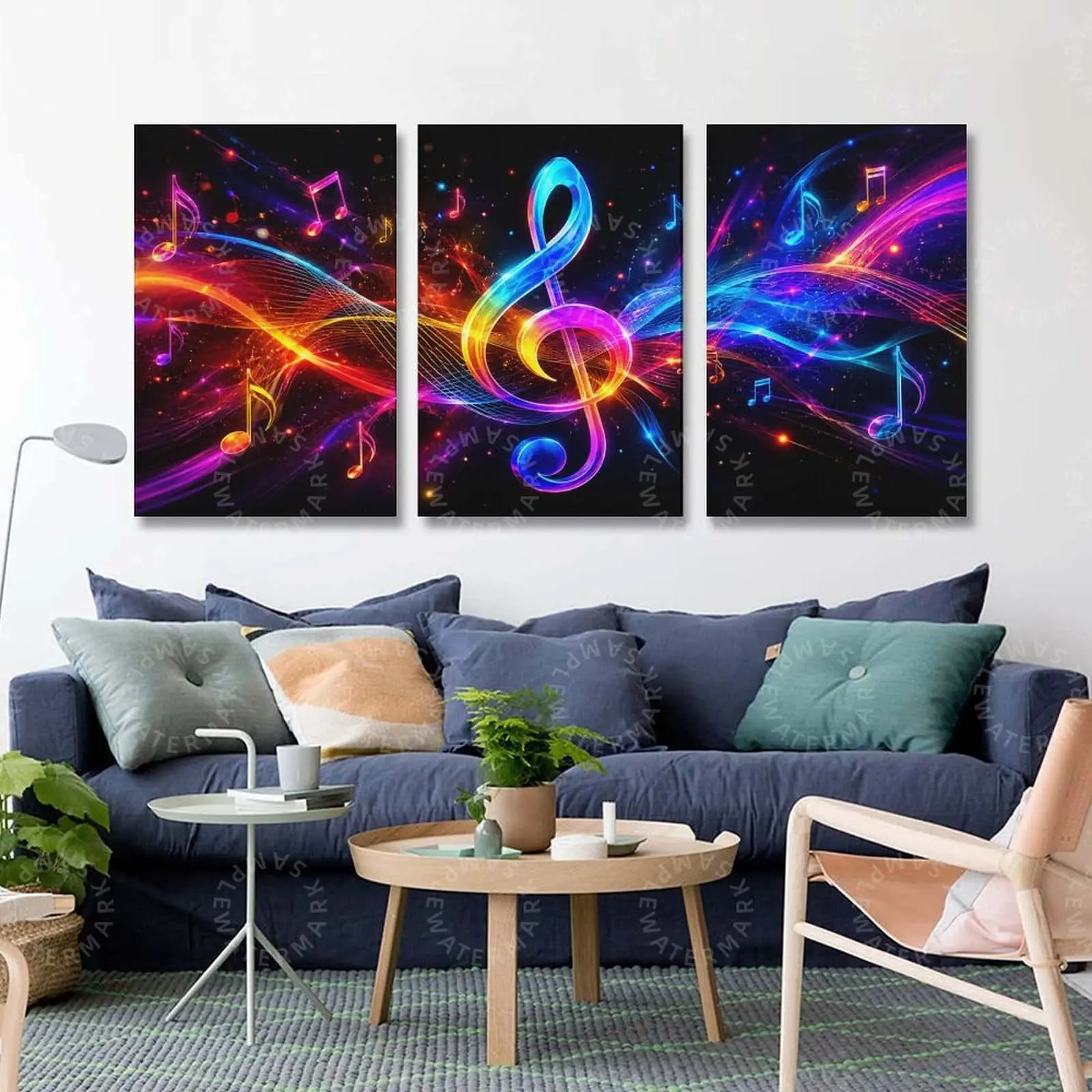 Colourful Music Notes Wall Art, Neon Abstract Canvas Poster, Modern Sound Wave Triptych Decor, Aesthetic Wall Art for Bedroom, Gaming Room, Office, Studio, Creative Home Decor, Music Lover Gift Artwork    （Translation note: The original text contains mult