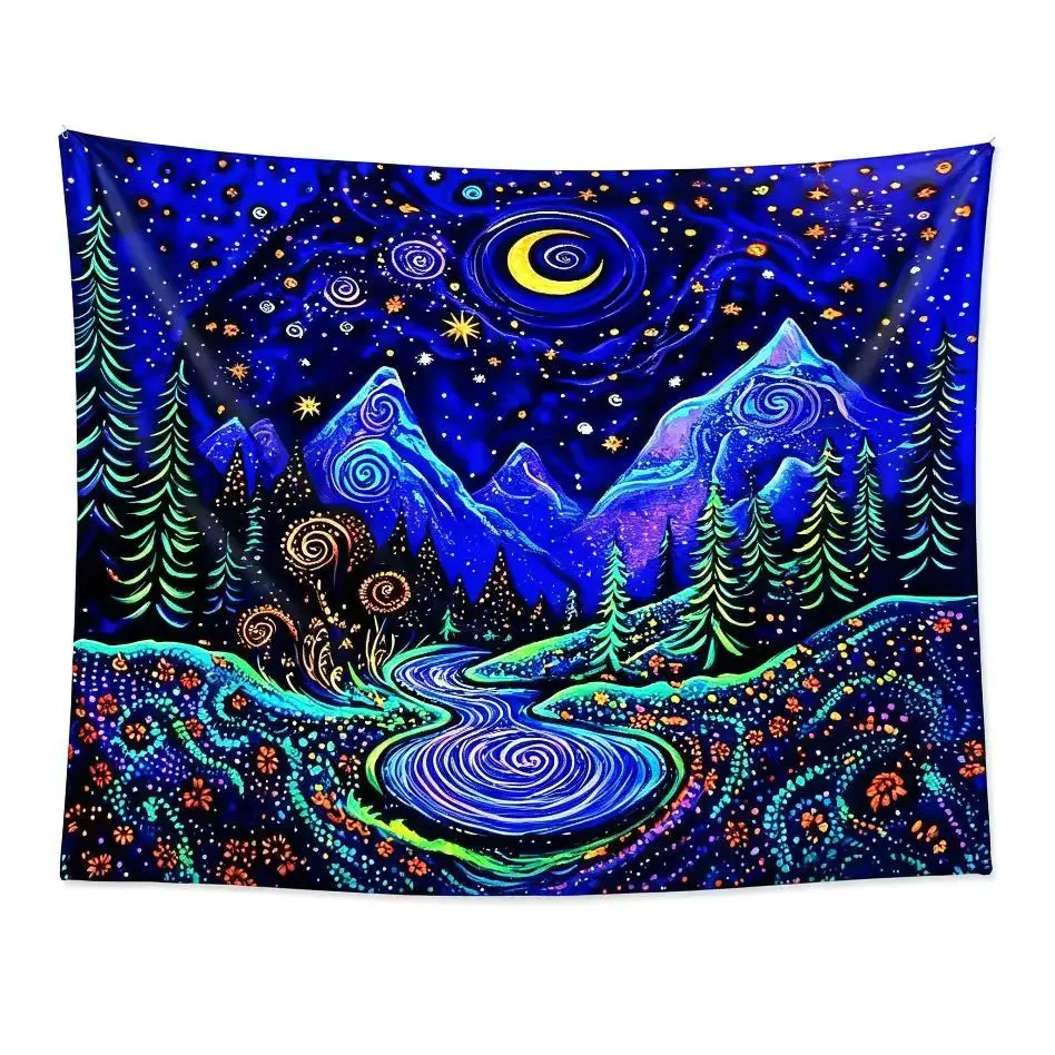 Neon Psychedelic Starry Sky Tapestry & Black Light Reactive Glow in the Dark with Mountain Forest River, Tapestry Wall Mural Wall Hanging Art Decor for Living Room Bedroom Dorm Gaming Room Party