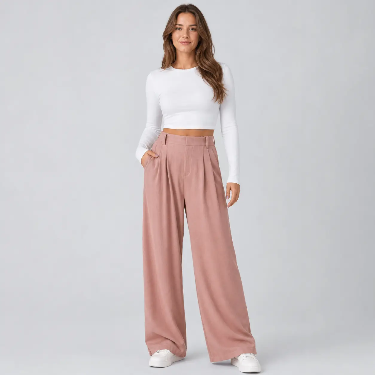 Women's Dusty Rose Pink Wide Leg Pants, High Waisted Pleated Dress Pants with Pockets and Belt Loops, Loose Fit Tailored Trousers, Elegant Business Casual Work Office Slacks, Chic Full Length Pants for Travel, Wedding Guest Daily Wear, Spring Outfits