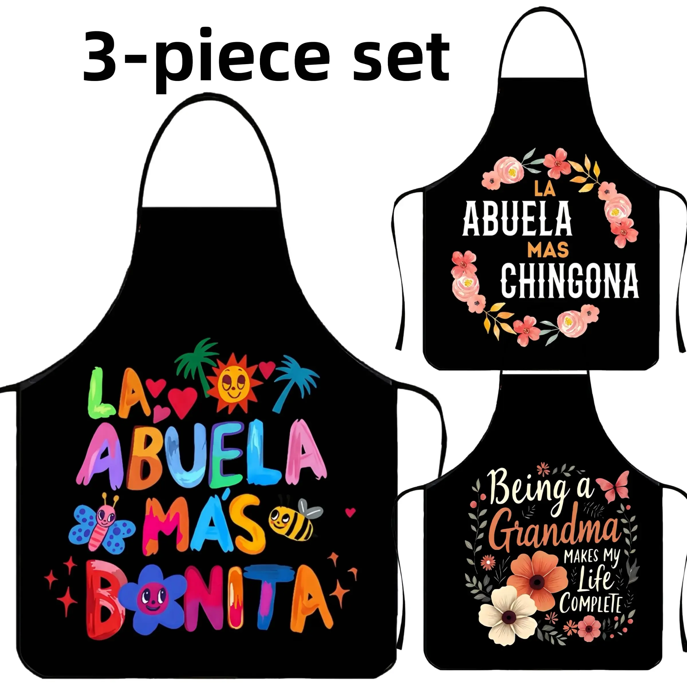 3-Piece Set Best Grandma Print Polyester Apron,Unisex Spanish Word Cooking Apron,Apron for Women,Christmas Gift, Nails Design Tool,KitchenEssential,Garden Tool,﻿Cleaning Tool
