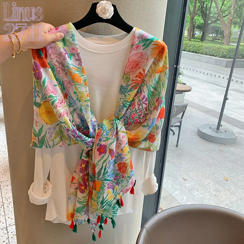 Vibrant Floral Print Cotton Linen Tassel Scarf Lightweight Sun Protection Shawl Bohemian Women Spring Summer Beach Travel Casual Dress Matching Dual-use Wrap