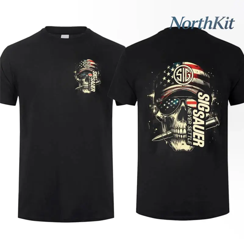 Sig Sauer American Skull Flag 2-Sided Unisex Short Sleeve Breathable Soft Street Style Tee, Tactical Gear for Gun Lovers, Sports & Outdoor Casual Top, Shortsleeve, Round Neck, Tshirt, Fabric, T-Shirt, Loose, Streetwear, Clothing, Crew Neck, Skull Print, D