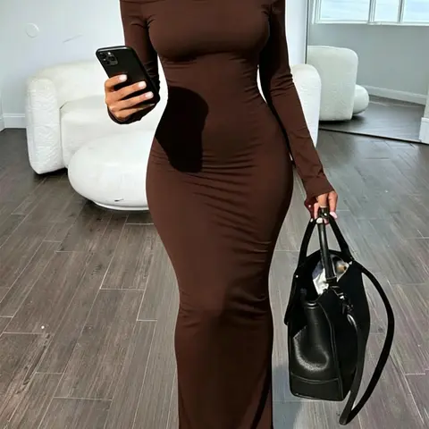 Women's Elegant Off-Shoulder Long-Sleeve Bodycon Dress, Formal Evening Gown for Parties and Special Occasions, Chic Stylish Solid Color Dress, Formal Wear