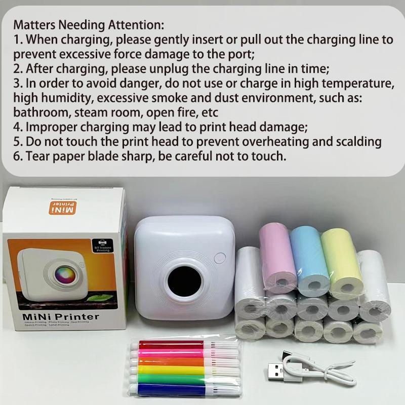 Portable Mini Thermal Printer, 1 Set Wireless USB Rechargeable Label Printer with Printing Paper & Watercolor Pen, Reusable Label Printer for Kitchen, Diary, Study Note