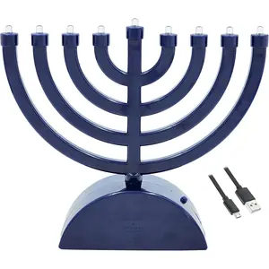 Blue Mini Classic Electric Hanukkah Menorah, 7.3" LED Travel Menora, Battery or USB Powered, 4 Ft Micro USB Cable Included