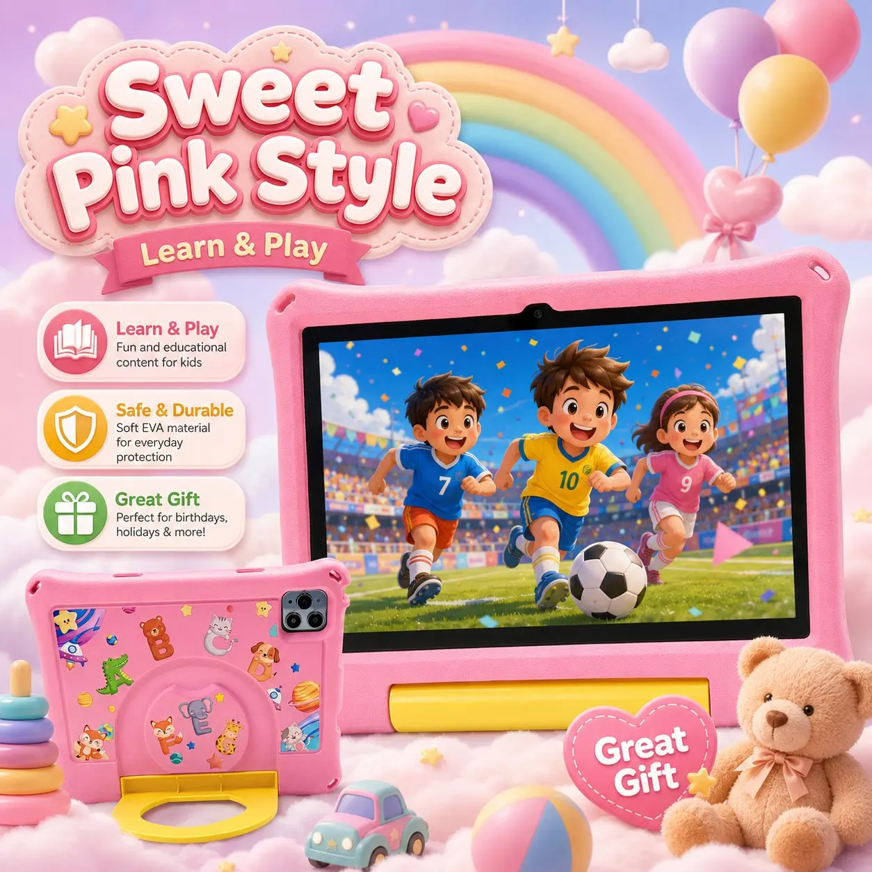 10.1 Inch Kids Tablet, 4GB RAM 64GB ROM, Android 12, Dual Camera, Kid-Proof Case with Handle, WiFi Learning Tablet for Toddlers, Holiday Gift
